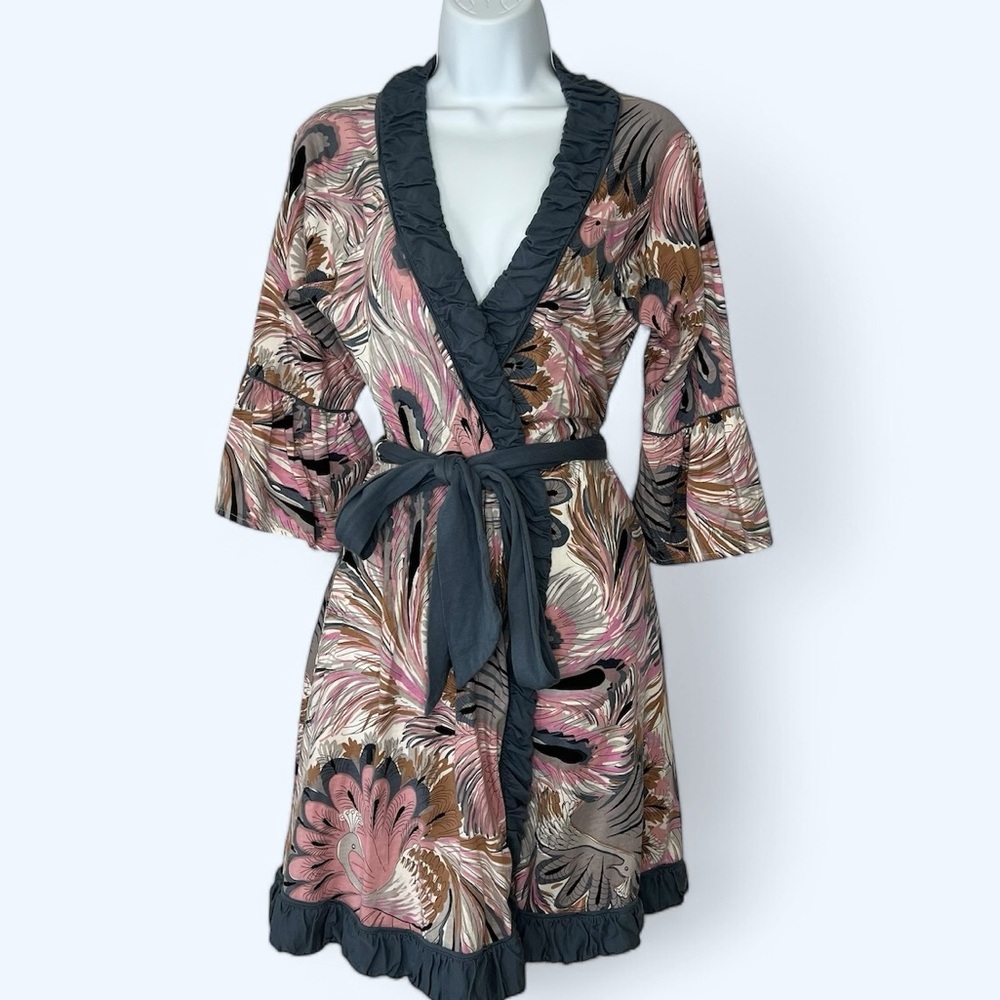 Women's Printed Short Robe with Ruffle Trim - Pink Multi